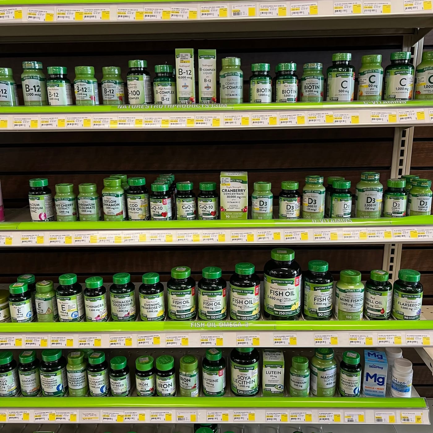 Shelves of vitamins and supplements available at Holley Pharmacy